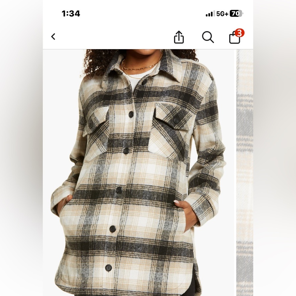 Nordstrom Thread supply flannel blk tan NWOT Plaid Button-Up Shirt Jacket coat L